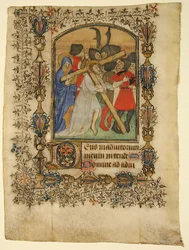 Manuscriptblad uit een getijdenboek met een verlichte initiaal D en Christus..., 1390-1400