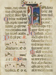 Manuscriptblad met koning David in een initiaal I, uit een psalter, vroege 15e eeuw