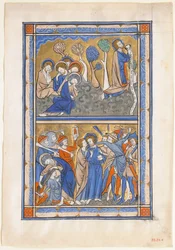 Manuscriptblad met de Agonie in de Tuin en de Verraad van Christus, uit een Koninklijk Psalter, ca. 1270