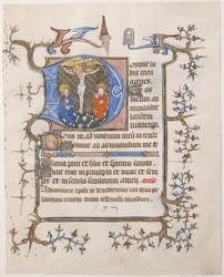 Manuscriptblad met de Kruisiging in een initiaal D, uit een getijdenboek, ca. 1350