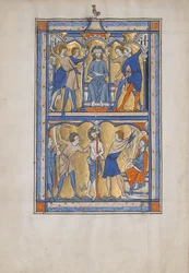 Manuscriptblad met de bespotting en geseling van Christus, uit een koninklijk psalter
