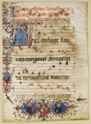 Manuscriptblad met de Visitatie in een Initiaal A en Kardinaal Adam Easton, Italiaans, ca. 1400
