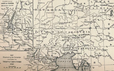 Kaart ter illustratie van de campagne voorafgaand aan het Verdrag van Campo-Formio, 1797, 1896