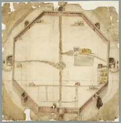 Kaart uit 1530 met de geplande maar nooit uitgevoerde muren van Den Haag, Nederland