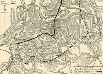Kaart die de Oostenrijkse aanval in Trentino illustreert, mei 1916, ca. 1920
