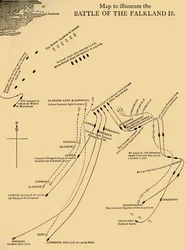 Kaart die de Slag bij de Falklandeilanden op 8 december 1914 illustreert, c1920