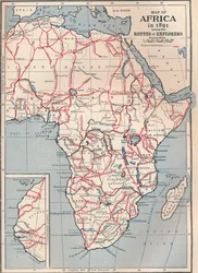 Kaart van Afrika in 1891 met routes van ontdekkingsreizigers