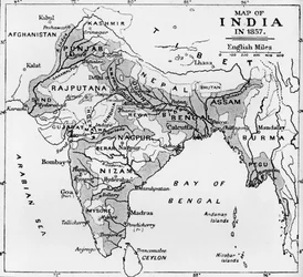 Kaart van India in 1857, ca. 1912