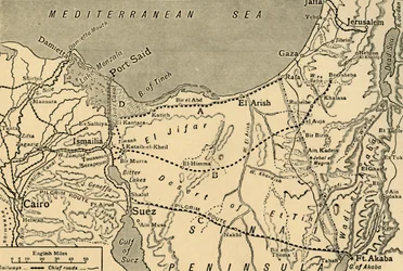 Kaart van de Turkse aanval op het Suezkanaal, Egypte, Eerste Wereldoorlog