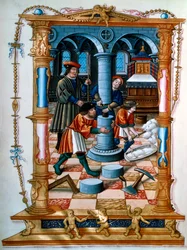Metselaars die een pilaar in een kerk bouwen