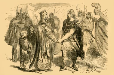 Ontmoeting van Edmund Ironside en Canute, op het eiland Alney, in de Severn, ca. 1890