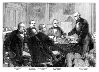 Vergadering van de scheidsrechters over de Alabama-claims in Genève, 1871 eind 19e eeuw