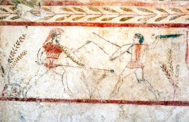 Mannen die vechten met Speren, Paestum, ca. 4e eeuw v.Chr.