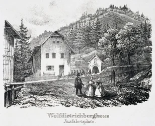Zoutmijn: Het Wolfdietrich-gebouw en de uitgang van de mijn, in Durrnberg, Oostenrijk
