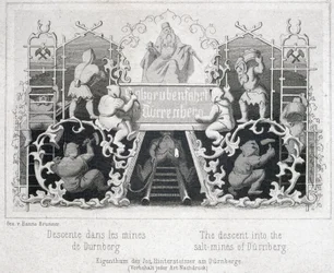 Zoutmijn: de afdaling in de zoutmijnen van Durrnberg, Oostenrijk, rond 1850