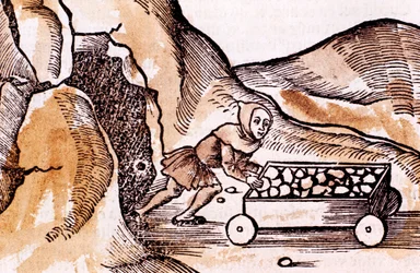 Mijnwerker die een karretje duwt bij een mijningang, 1508