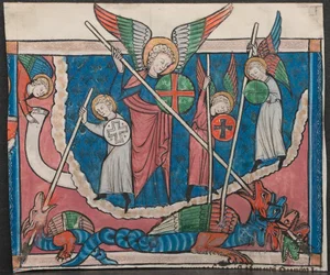 Miniatuur uit een manuscript van de Apocalyps: De oorlog in de hemel, ca. 1295