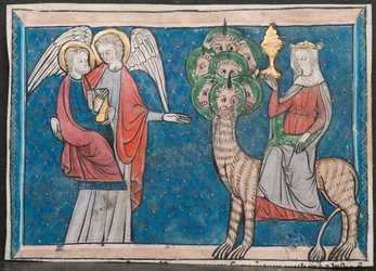 Miniatuur uit een manuscript van de Apocalyps: De vrouw op het scharlaken beest, c. 1295