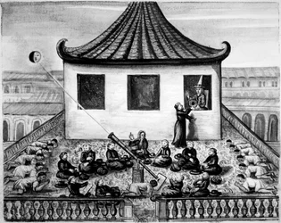 Missionarissen tonen de koning van Siam een zonsverduistering