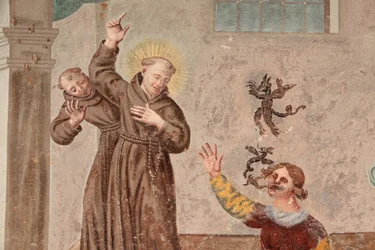 Klooster van Saorge, 18e-eeuwse fresco die het leven van St. Franciscus van Assisi uitbeeldt, Saorge, Frankrijk
