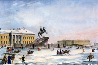 Monument van Peter de Grote op het Senaatsplein van Sint-Petersburg, Rusland, winter, 1822