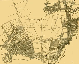 Moorfields en omgeving naar een kaart van omstreeks 1720, ca. 1872.