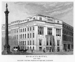 Morleys Hotel en Nelsons Zuil, Trafalgar Square, Westminster, Londen, 19e eeuw