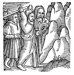 Mozes slaat op de rots in de wildernis en produceert water, 1557