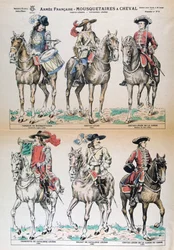 Mousquetaires à Cheval 17e eeuw. Franse legeruniformen. Kleur lithografie. Privécollectie