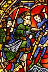 Nationaal Museum van Franse Monumenten. Kathedraal Saint-Pierre. Gebrandschilderd raam. De veroordeling van de heilige Paulus, Parijs, Frankrijk