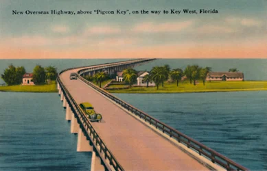 Nieuwe Overseas Highway, boven Pigeon Key, naar Key West, Florida, ca. 1940s