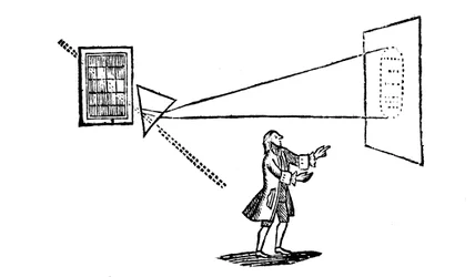 Newtons experiment waarbij wit licht wordt gesplitst in de kleuren van het spectrum door een prisma, 1757