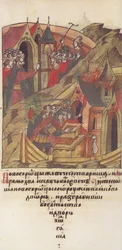 Novgorod veche. Novgorodianen plunderen het hof van Posadnik. Uit de Verlichte Samengestelde Kroniek