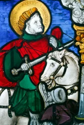 Oeuvre Notre-Dame Museum, Glas-in-loodpaneel met de Liefdadigheid van Sint-Maarten, Straatsburg, Frankrijk (foto)