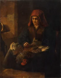 Oude vrouw die een vogel plukt