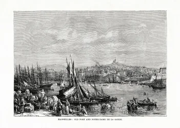 Oude haven en Notre Dame de la Garde, Marseille, Frankrijk, 1879
