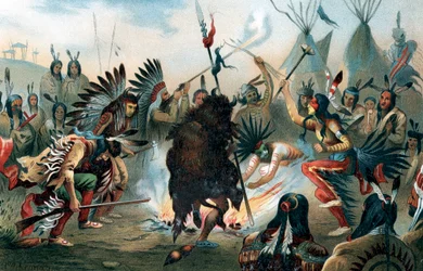 Oleografie van een Sioux oorlogsdans, ca. 1890