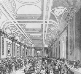 Opening van de derde Royal Exchange, 1844. Banket in de abonnementsruimte
