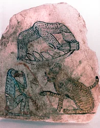 Ostracon Fragment, Cheetah, Vogel en Aap, Egypte