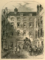 Buitenhof van La Belle Sauvage in 1828, 1897