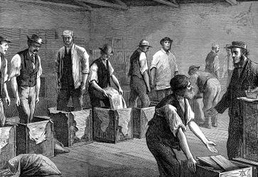 Thee verpakken in de magazijnen van de East & West India Dock Company, Londen, 1874