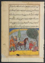 Pagina uit Verhalen van een Papegaai Tuti-nama: Achtste nacht: De zoon van de geliefden maakt een olifant, ca. 1560