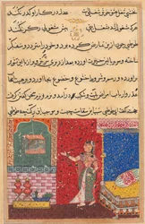 Pagina uit Verhalen van een papegaai Tuti-nama: Vijftiende nacht: De papegaai spreekt Khujasta toe..., 1558-156