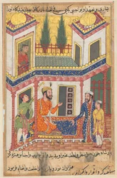 Pagina uit Verhalen van een papegaai Tuti-nama: Vijftigste nacht: De koopman keert terug..., c. 1560