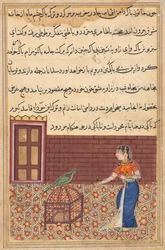 Pagina uit Verhalen van een papegaai Tuti-nama: Eenenvijftigste nacht: De papegaai spreekt Khujasta toe..., ca. 156