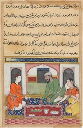 Pagina uit Verhalen van een Papegaai Tuti-nama: Veertigste nacht: Shahr-Arai en haar man..., ca. 1560