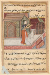 Pagina uit Verhalen van een Papegaai Tuti-nama: Negenenveertigste nacht: De papegaai spreekt Khujasta toe..., c1560