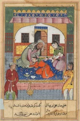 Pagina uit Verhalen van een papegaai Tuti-nama: Tweeënveertigste nacht: Berouw over zijn gedrag..., c. 1560