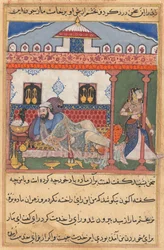 Pagina uit Verhalen van een papegaai Tuti-nama: Drieënveertigste nacht: De slang, verborgen in een mand..., ca. 1560