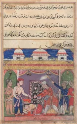 Pagina uit Verhalen van een Papegaai Tuti-nama: Zevende nacht: De koning van Bahilistan biedt aan..., c. 1560